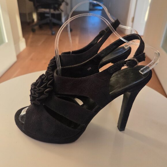 Black lace motif & rosette stiletto heels dressy leather shoes - Picture 3 of 9